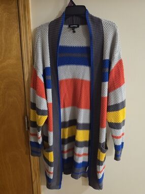 Express Multicolor Striped Open Cardigan - Gray, Red, Yellow, Blue